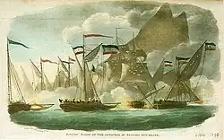 Watercolour print of a naval battle, three small warships with sails and oars in the foreground, with the bow of a sailing warship emerging between them through the smoke which covers the scene. Above the smoke in the background emerge the topmasts of a number of other vessels.