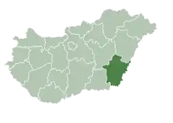 Map of Hungary highlighting Békés County
