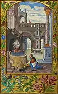 Seventh Parable: man with beard sits in a bath in a courtyard, while a manservant tends the fire beneath.