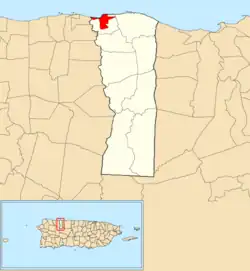 Location of Hatillo barrio-pueblo within the municipality of Hatillo shown in red