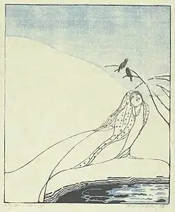 Fantasy Figure and Two Birds, color woodcut