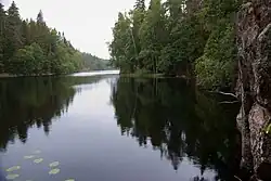 Lakes and other water bodies are common in the taiga. The Helvetinjärvi National Park, Finland, is situated in the closed canopy taiga (mid-boreal to south-boreal)[27] with mean annual temperature of 4 °C (39 °F).[28]
