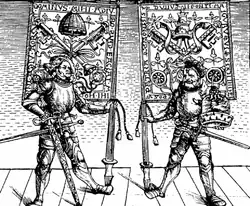 Swiss guards holding papal banners, as well as blessed sword and hat