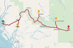 Highway of Tears corridor, including some paved egresses from outlying communities to Highway 16.