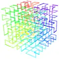 A 3-D Hilbert curve with color showing progression