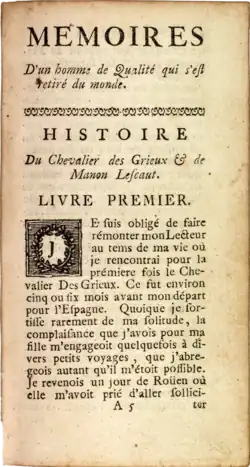 French book page with a heading "Memoirs of a man of Quality", a subheading "History of the Chevalier des Grieux and of Manon Lescaut", and the text with an illuminated capital.