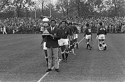 Pakistan hockey team before a match between Netherlands and Pakistan at Amstelveen on 31 October 1971. Jahangir Butt is third from front after Khalid Mahmood and Fazalur Rehman.
