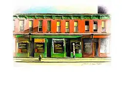 painting similar to Edward Hoppers Sunday Morning showing a line of two story old business storefronts, mostly painted green and orange with yellow highlights, barber's pole, hydrant