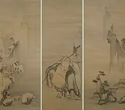 Hotei With Summer and Winter Landscapes. Triptych by Igarashi Shunmei (1768), Edo period.
