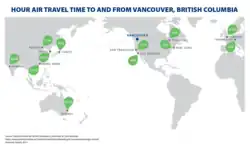 Hour Air Travel Time To And From Vancouver, British Columbia (B.C.) Map showing hour air travel time to and from Vancouver, British Columbia (B.C.) to Mumbia, Beijing, Seoul, Tokyo, Hong Kong, Sydney, San Francisco, Los Angeles, Toronto, New York, London and Frankfurt.