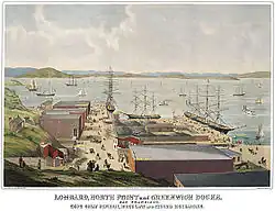 Lombard, North Point and Greenwich Docks, San Francisco Bay. (1857) Hand-colored lithograph on paper.