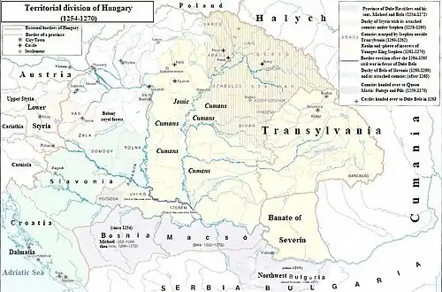 Map of the territorial division of the Kingdom of Hungary between 1254 and 1270