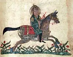 Rider wearing Turkic sharbūsh. 1209 CE, Baghdad. Egyptian National Library and Archives, (Khalil Agha F8).[13]