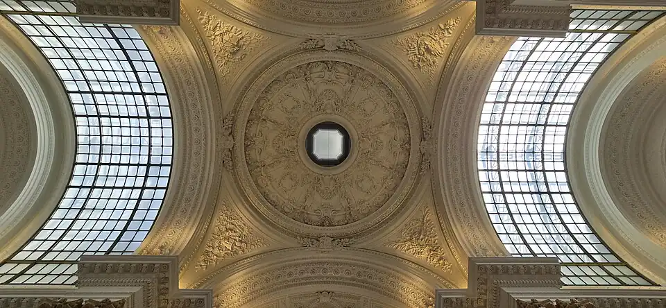 At the centre of the building looking upwards towards the dome