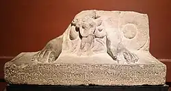 Pedestal of a Buddha statue, with inscription in the name of Huvishka "in the year 45" (𑀲𑀁𑁞𑁔). Starts with Mahārājasya Huviṣkasya Devaputrasya..., ... Uttar Pradesh. Chhatrapati Shivaji Maharaj Vastu Sangrahalaya Museum.