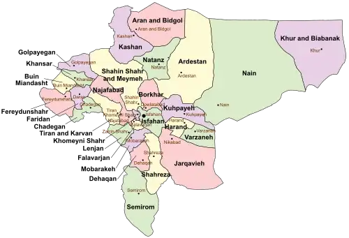 Location of Meymeh County in Isfahan province (top left, yellow)