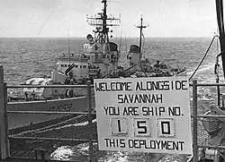 Indomito coming alongside USS&nbsp;Savannah in the Mediterranean Sea in 1974.