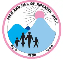 Blue mountains, four black stick figures, a pink sun, and two black flowers