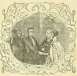 Black-and-white illustration showing a Protestant minister wearing in a cassockstanding between Andrew Jackson on the left and Rachel Donelson on the right. The two of them hold hands between then, showing the minister marrying them. An audience stands to the left, at the edge of the image.