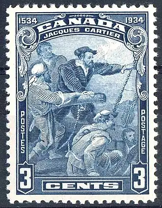 Jacques Cartier (circa 1491-1557), Canada Post 3 cents stamp 1934, designed by George Arthur Gundersen (1910-1975)[4][5]