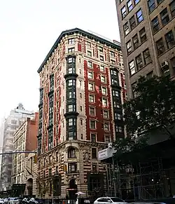 The James New York NoMad hotel as seen from Madison Avenue, facing south. The three-story annex at 88 Madison Avenue can be seen at left.