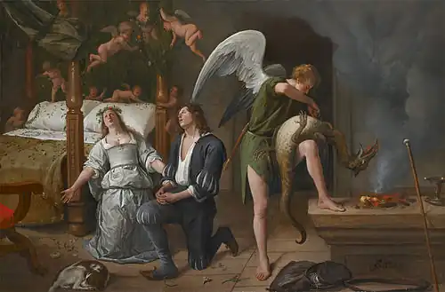 The wedding of Tobias and Sarah: Raphael binds the demon. Jan Steen,  1660