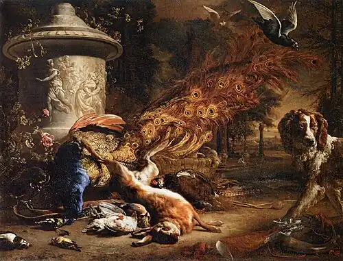Still-Life with a Peacock and a Dog (1669), oil on canvas, 143.5 x 187 cm., Louvre