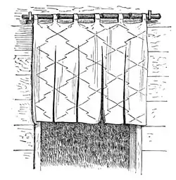 Noren displaying characteristic cuts at intervals, leaving a series of long flaps. This curtain is not readily swayed by the wind, and can easily be passed through as one enters the room