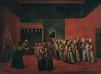 Ottoman Sultan Ahmed III receives the Dutch ambassador Cornelis Calkoen at the Topkapı Palace in 1727. Painting by Jean-Baptiste van Mour, 1727.