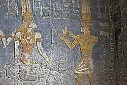 Lion-headed God Apademak with Pharaoh Taharqa (right) in the Jebel Barkal Temple of Mut.