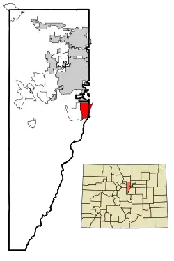 Location of the Columbine CDP in Jefferson and Arapahoe counties, Colorado.