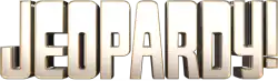 The stylized Jeopardy! wordmark, used since 1986. The wordmark is based on URW Type Foundry's "Annual" font. In title cards and bumper cards, the wordmark usually appears in gold or silver against a background colored in shades of blue or red.
