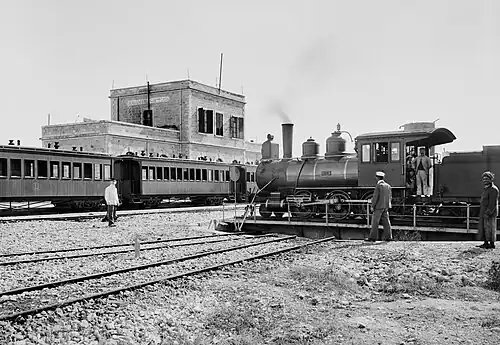 Image 3The Jerusalem Railway Station c. 1900. The locomotive on the turntable is "Ramleh" (J&J No. 3), a Baldwin 2-6-0. The station was the terminus of the Jaffa–Jerusalem railway until its closure in 1998. Today, the station is abandoned and suffering from neglect and vandalism, although it is one of 110 buildings selected for preservation in Jerusalem.