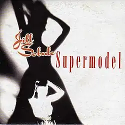 A white silhouette of woman with a larger black silhouette of a woman behind her. To her left stands the title, "Supermodel".