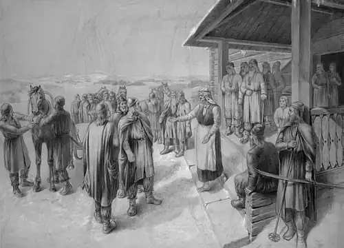Ilmarinen Arrives as the Groom at Pohjola, charcoal work by Johan Kortman [fi], 1893