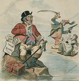 "John Bull's dilemma": "It's 'ard to 'ave to disturb 'im–'e's such a good customer!" by Louis Dalrymple, 1895