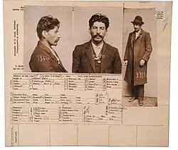 Set of three photographs and a filled form, all profiling a man with a thick mustache and dark hair, dressed in a hat, black overcoat, white shirt, black pants and black shoes.