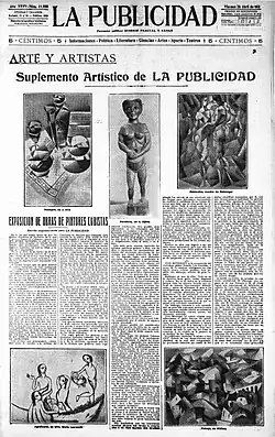 Paintings by Juan Gris, Bodegón; August Agero (sculpture); Jean Metzinger, 1910–11, Deux Nus, Two Nudes, Gothenburg Museum of Art; Marie Laurencin (acrylic); Albert Gleizes, 1911, Paysage, Landscape. La Publicidad, 26 April 1912