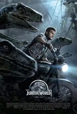 A man in a motorcycle rides through a forest, accompanied by raptors running beside him.