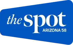 The words "the" in an italic thin serif and "spot" in a bolder serif, with "ARIZONA 61" in smaller sans serif print in the lower right corner, in an angled rounded rectangle