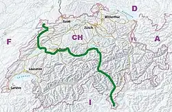 A map of Switzerland with the Trans Swiss Trail’s route marked prominently. The trail goes across the country north to south, with a winding route.