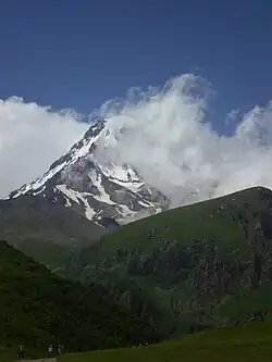 Mount Kazbek from the outside of the Gergeti Trinity Church