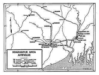 A black and white map centered on southern Bengal. It displays important cities, rail lines, highways and pipelines; 14 airfields and command bases are also shown