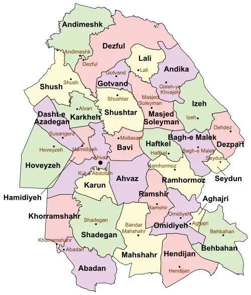 Location of Gotvand County in Khuzestan province (top center, purple)