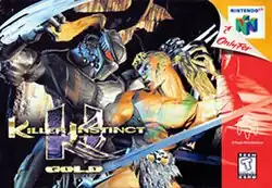 Two stoic characters face each other, interlocking, as if about to engage, behind a gold logo that says "Killer Instinct Gold". A sidebar on the right shows the cube-like Nintendo 64 logo with a 3D peel-off tab that indicates that the game is exclusive to the console. A symbol indicates that the game is suitable for teens to play.