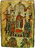 13th century, Russia. King David (center) plays organstrum or hurdy-gurdy. To David's right (our left) man playing naker (drum with snare), probable oboe, cowhorn, gusli (or rotte). To David's left, one man plays cymbals, while another man holds a psaltery. Bottom left corner (our left), a man plays a bowed lyre. Bottom right, a man with drum and curved drumstick. Simonovskaya Psalter, State Historical Museum, Moscow, Russia.