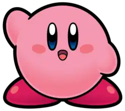 Artwork depicting Kirby, a pink, spherical character with red feet