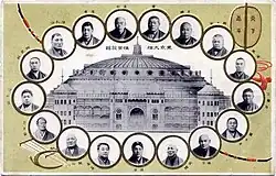 A front sketch of the first Kokugikan, the picture is surrounded by photographs of old stable masters.