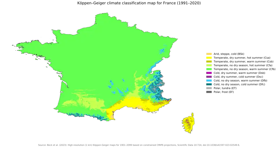 Köppen-Geiger classification of France based on 1991-2020 data.