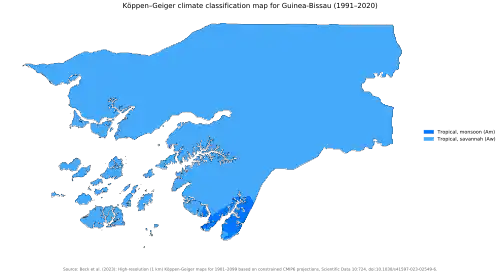 Köppen–Geiger climate classification map at 1-km resolution for Guinea-Bissau (1991–2020)